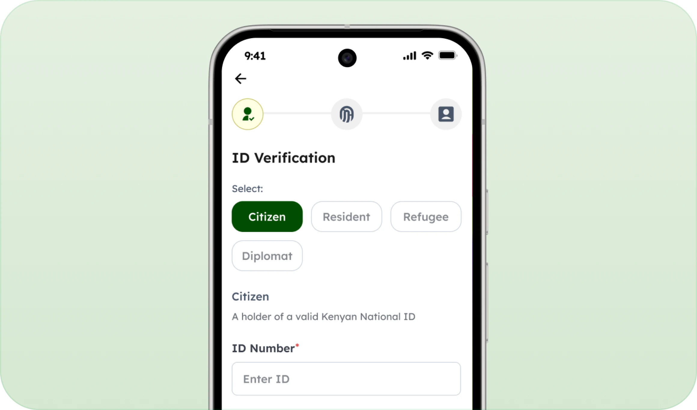 eCitizen app ID verification screen asking for your identity type and ID number