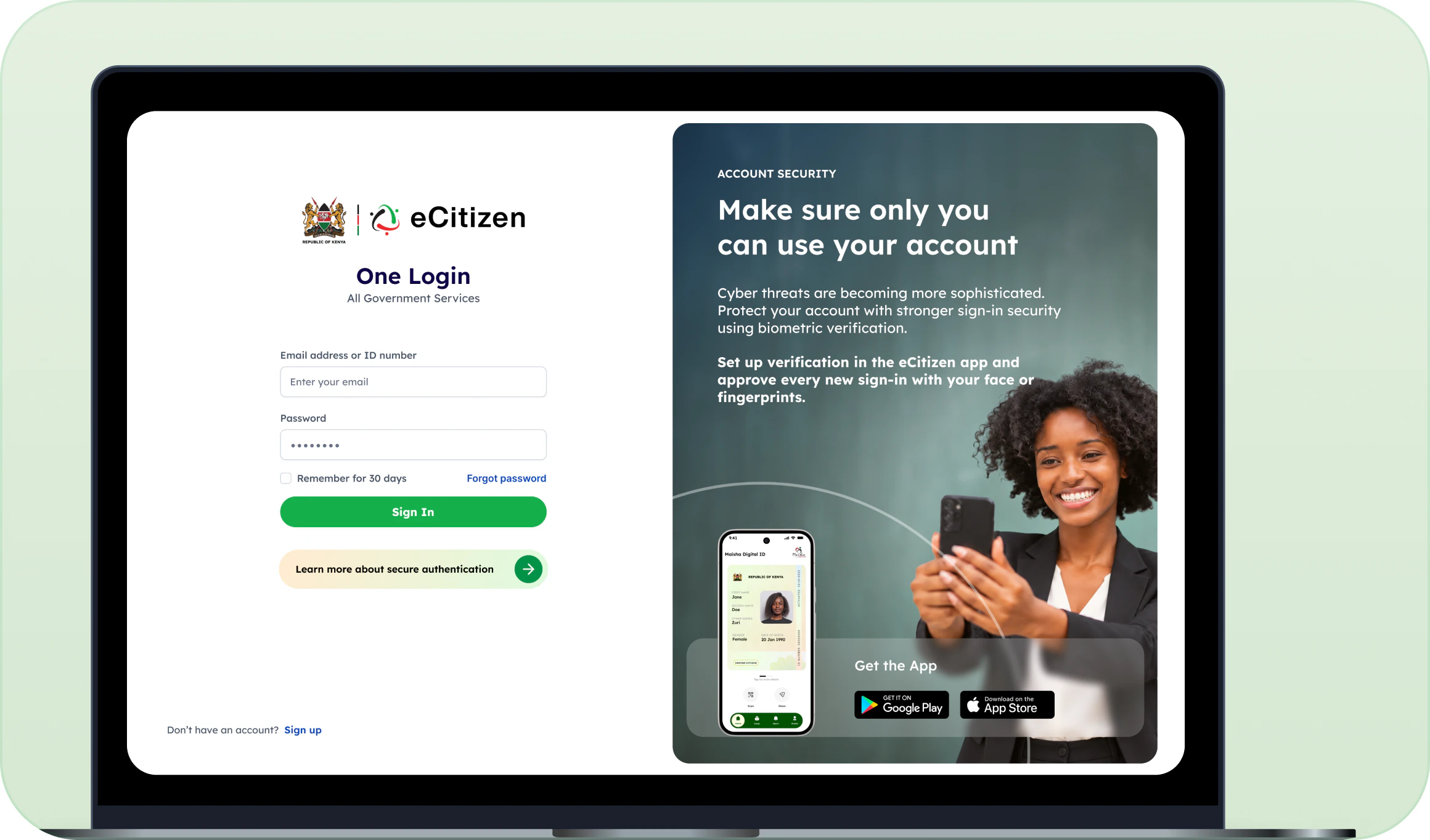 eCitizen One Login page open on a laptop